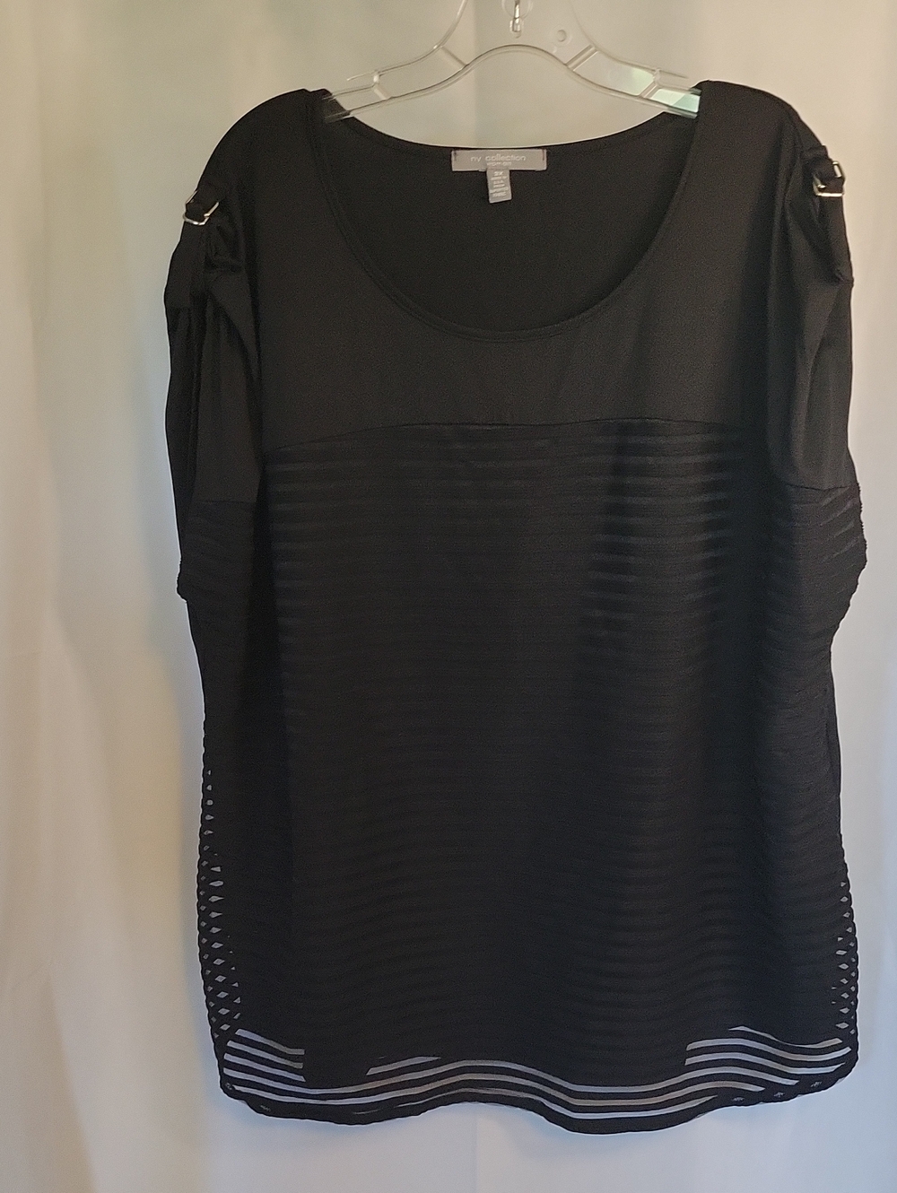 Women's Black Scoop Neck Short Sleeve Sheer Stripe Blouse